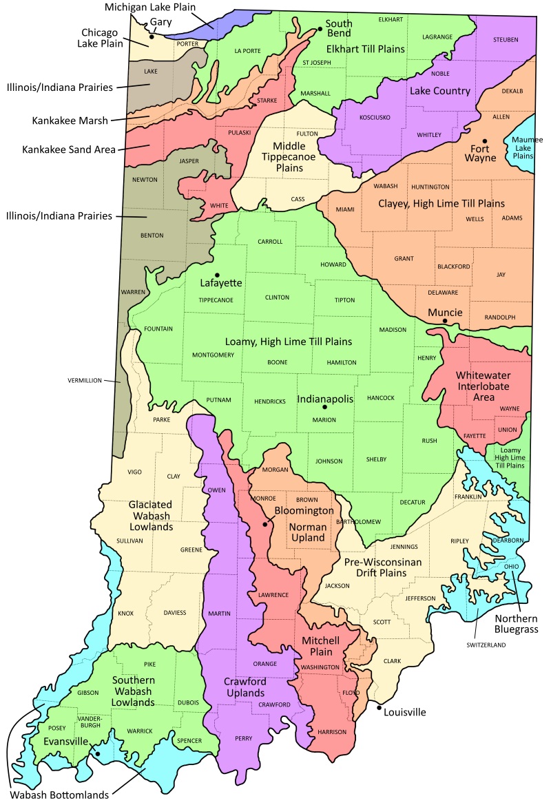 Map of Indiana showing the locations of US EPA Level IV ecoregions.